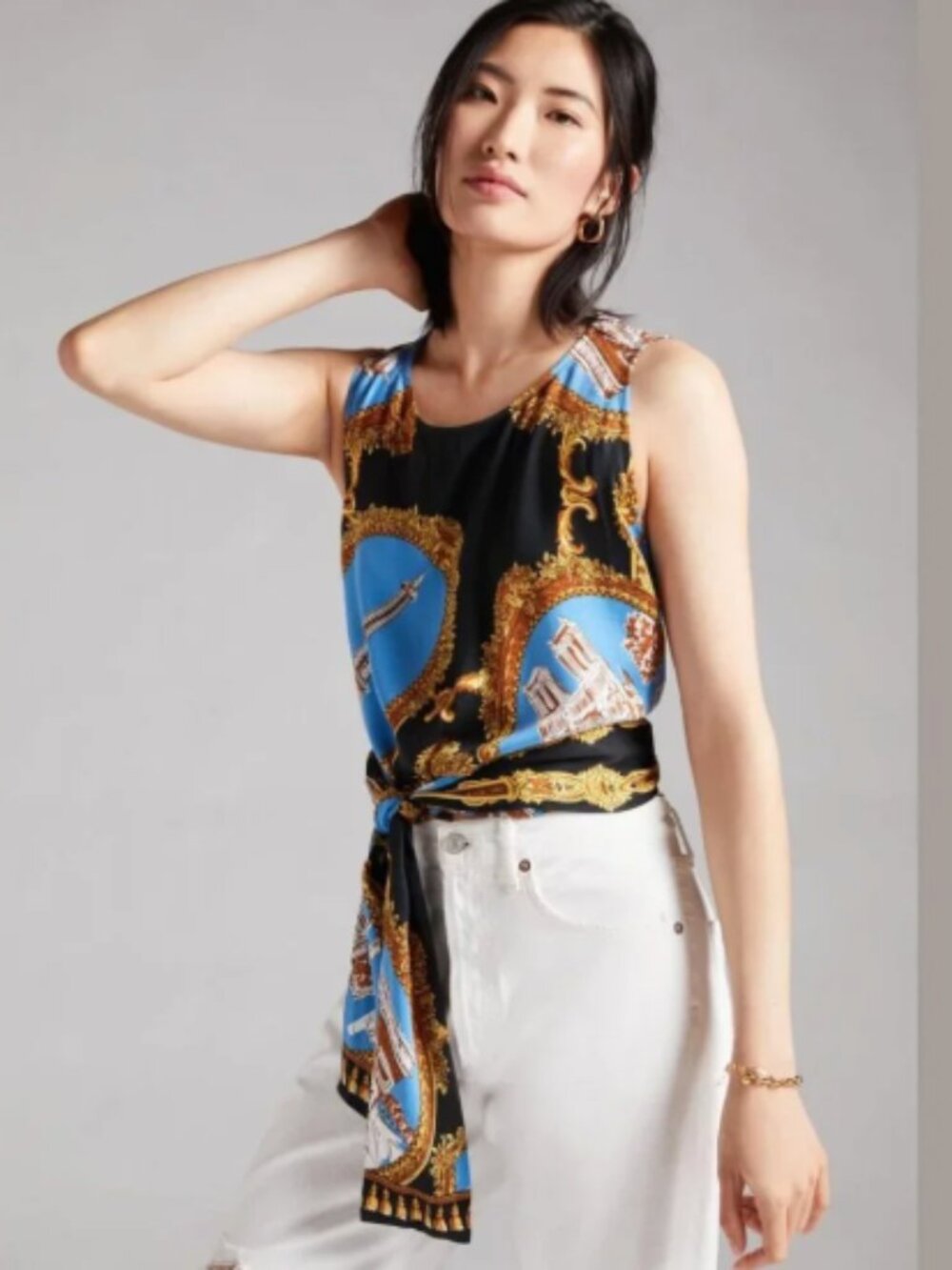 Anthropologie Tiny Landmark Paris Postcard Wrap Tie Top Preppy Sleeveless Sz L